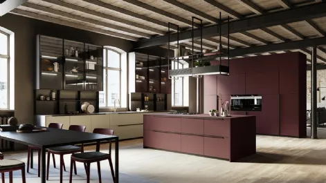 Cucina Moderna con isola Tratto 10 in Pet riciclato e piano in laminato speciale Fenix rosso Jaipur di Arredo3