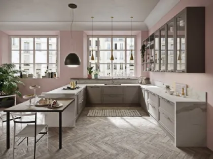 Cucina Moderna angolare con penisola in laccato opaco e HPL effetto marmo Vintage di Ar-Tre
