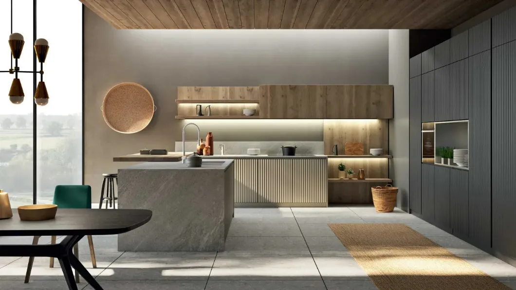 Cucina Moderna componibile in legno con isola Wave 01 di Fratelli Mirandola