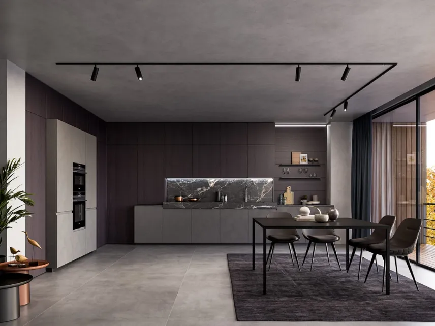 Cucina Moderna lineare in laminato Resina Cromo e impiallacciato Coke con top in ceramica effetto Marmo Nero rigato Wega di Arredo3