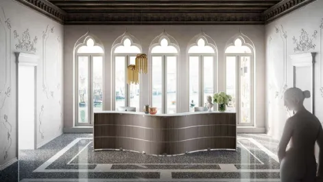 Bancone Reception dalla forma sinuosa Glass in melaminico Eucalipto con top in vetro bianco opaco di Quadrifoglio